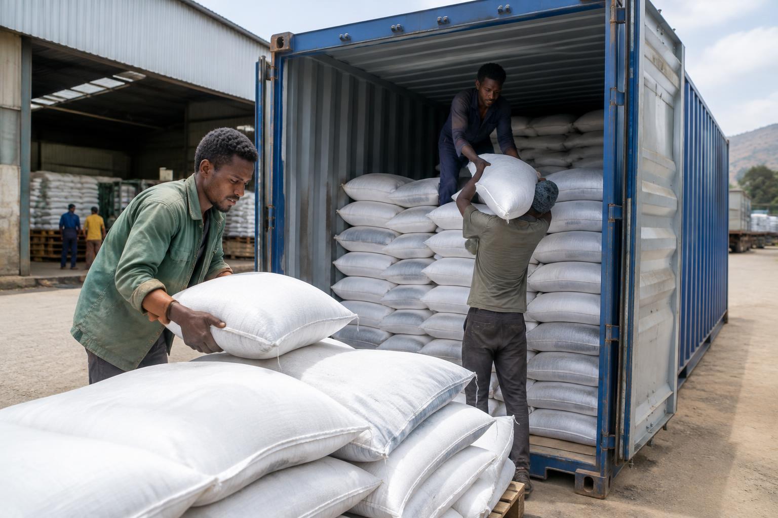 Workers loading sacks of Ethiopian commodities into a shipping container